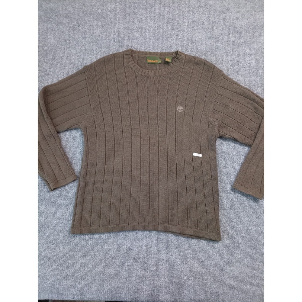 Timberland Sweater Mens Large Brown Rib Knit Crewneck Cotton Pullover Logo
